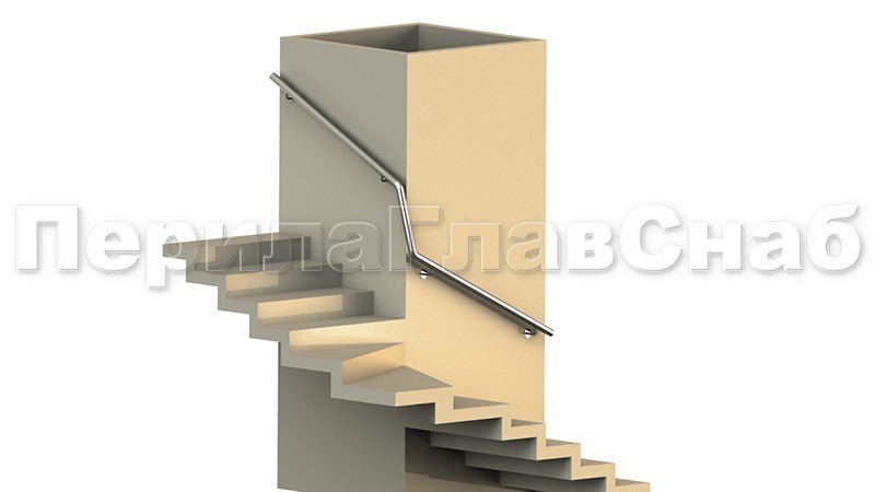 Поручень вокруг стены завязан по диагонали для компенсации перепада забежных ступеней. Поручень вокруг стены завязан по диагонали для компенсации перепада забежных ступеней.